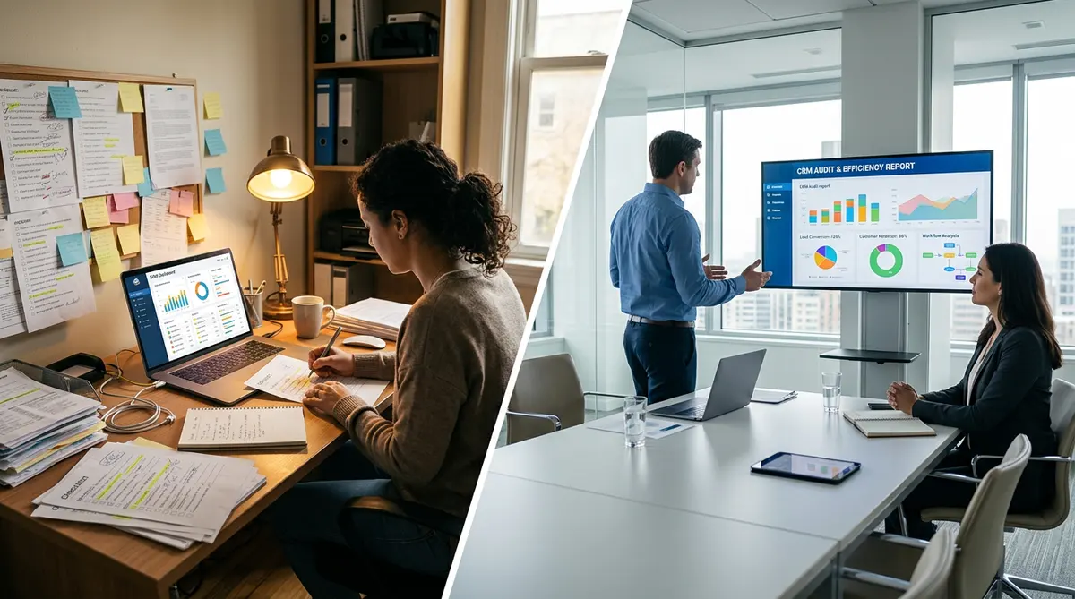 Split scene comparing a DIY CRM audit setup with a professional dynamics CRM consultant presenting findings to a business owner