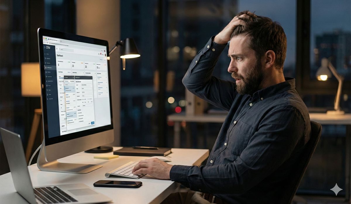 Frustrated sales representative struggling with complex CRM software at desk