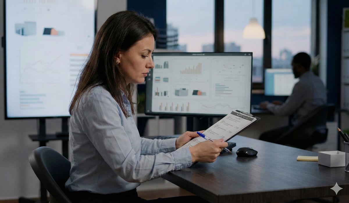 Professional methodically reviewing CRM audit checklist on clipboard