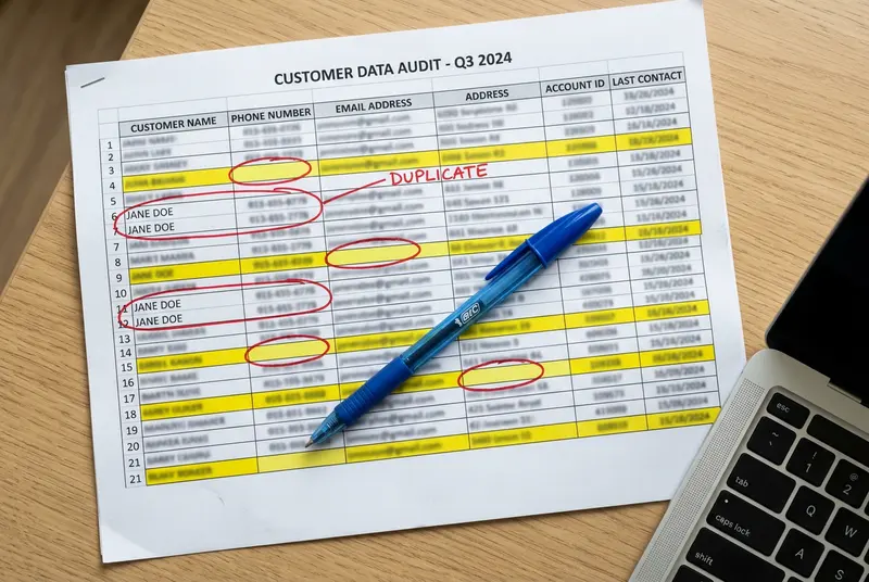 Printed CRM data spreadsheet with highlighted duplicate records and missing customer fields during audit