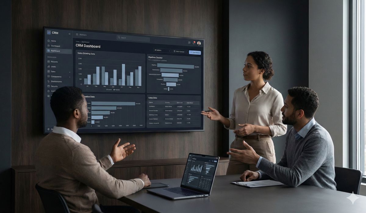 Sales team reviewing pipeline metrics and deal progress on screen