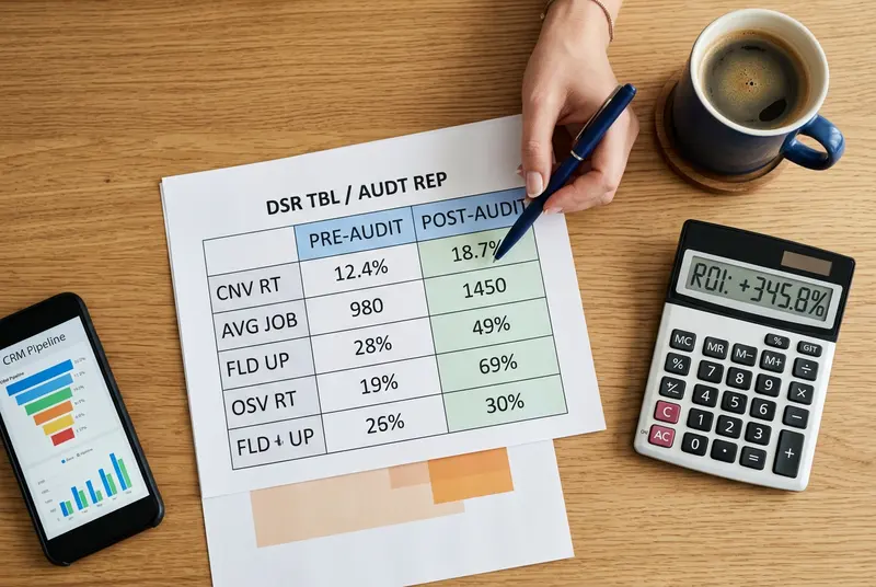 Pre-audit and post-audit CRM performance comparison spreadsheet showing conversion rate and revenue metric improvements