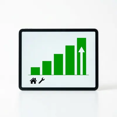 Tablet displaying rising bar chart representing CRM ROI growth for a home services business