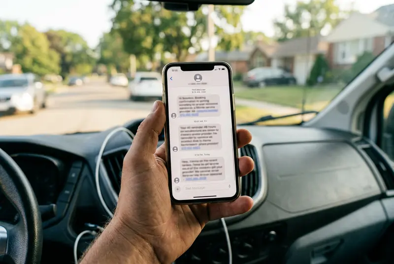 Smartphone showing automated SMS follow-up sequence for home services appointment confirmation and review request