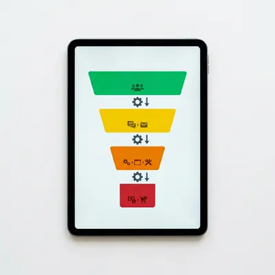 Tablet showing CRM automation funnel diagram with pipeline stages and trigger icons for home services booking