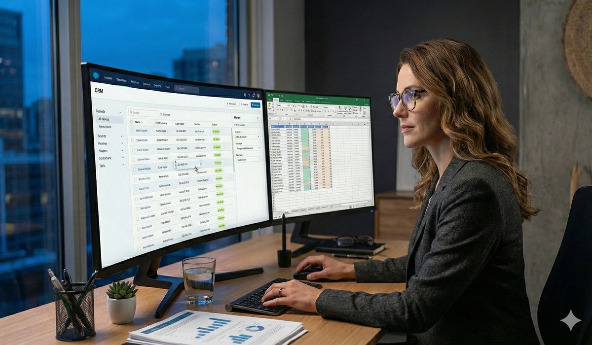 Professional methodically organizing and cleaning CRM records on computer
