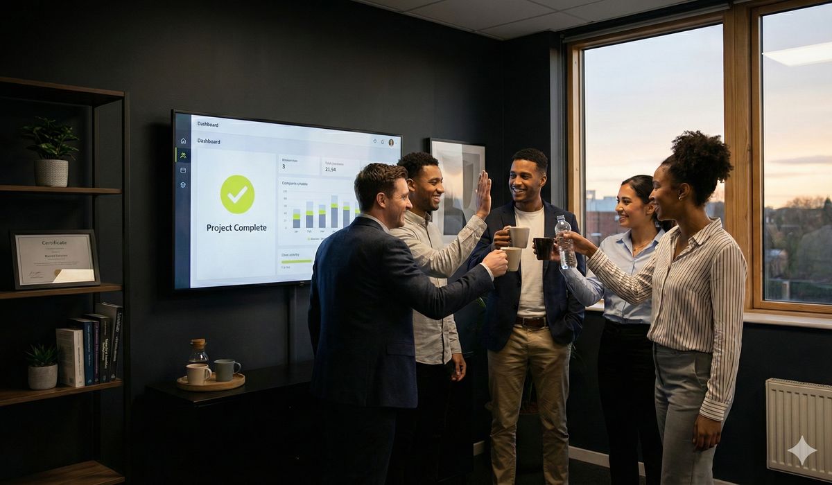 Team celebrating successful CRM implementation project completion