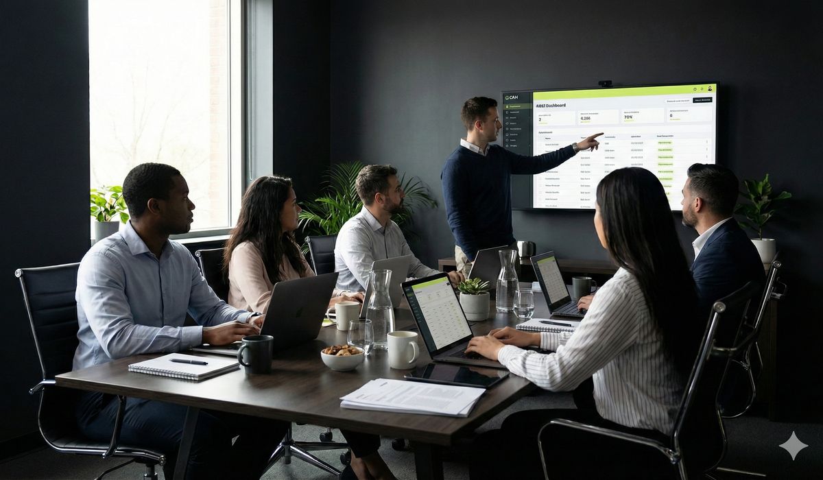 Team members engaged in hands-on CRM training session with laptops