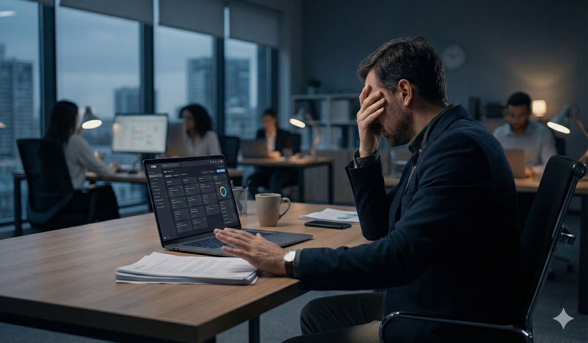 Frustrated sales professional disengaged from CRM software at their desk Frustrated sales professional disengaged from CRM software at their desk