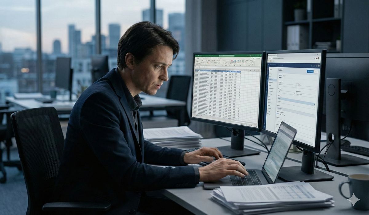 Professional manually copying data between multiple computer screens due to integration failures Professional manually copying data between multiple computer screens due to integration failures
