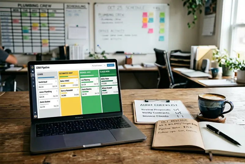 CRM pipeline dashboard on a laptop next to a printed CRM audit checklist on a home services company office desk