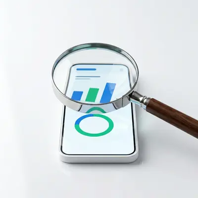 Magnifying glass over a smartphone showing CRM data charts representing a CRM audit review