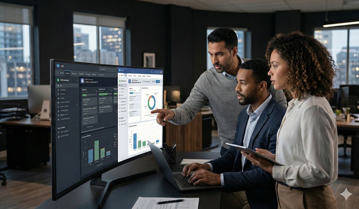 Business professionals comparing HubSpot and Salesforce CRM options