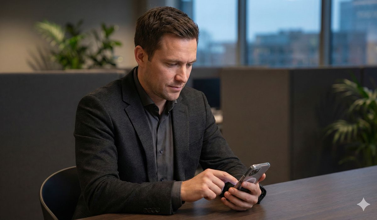 Person reading a welcome email on laptop in a comfortable workspace