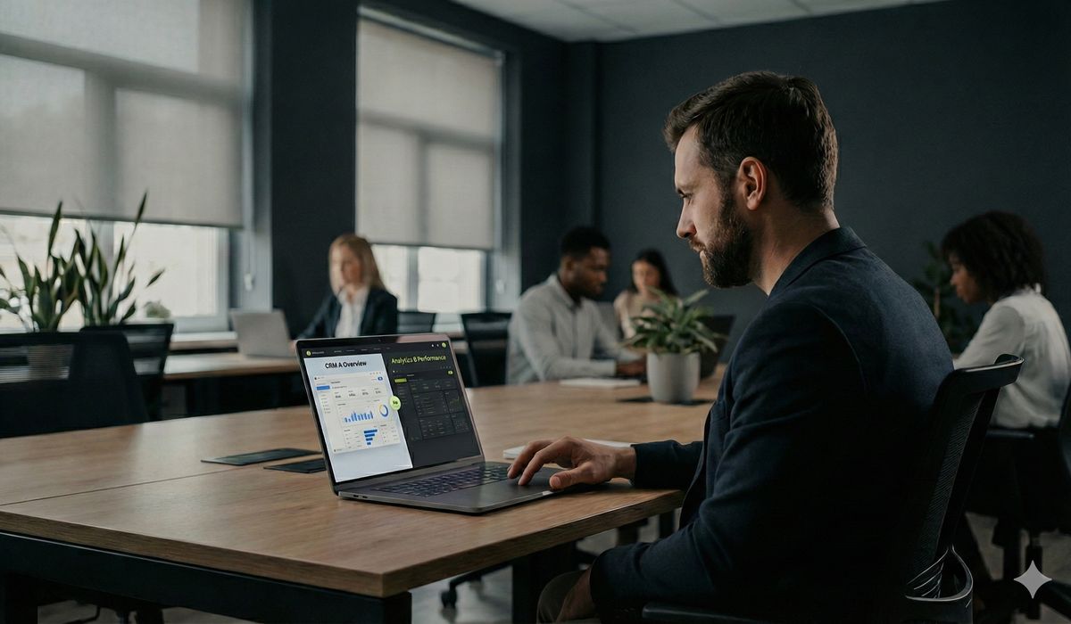 Business professional evaluating and comparing automation software options on laptop Business professional evaluating and comparing automation software options on laptop